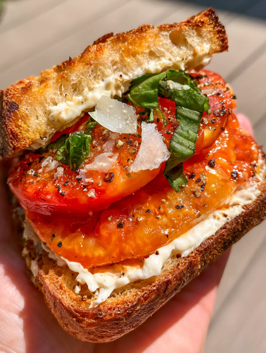 Extreme close-up of a tomato sandwich featuring 1-inch thick red and orange heirloom tomatoes, torn basil, and flaky sea salt.