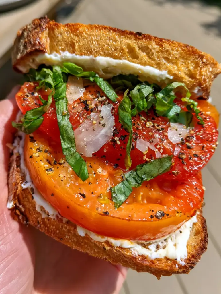 A Southern tomato sandwich held in hand, showing the golden-brown toasted sourdough and vibrant emerald-green basil.