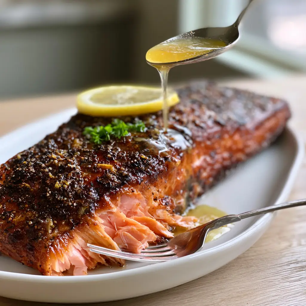 Texas Roadhouse Style Baked Salmon with Glistening Lemon Pepper Butter 2 A handheld smartphone photo of a single large Texas Roadhouse style baked salmon fillet on a white plate, glistening under soft daylight with a silver spoon pouring butter sauce.