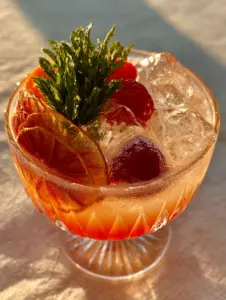 A close up view of a frosted ribbed crystal coupe glass showcasing tiny carbonation bubbles clinging to translucent blood orange slices and red raspberries. (drink recipes)
