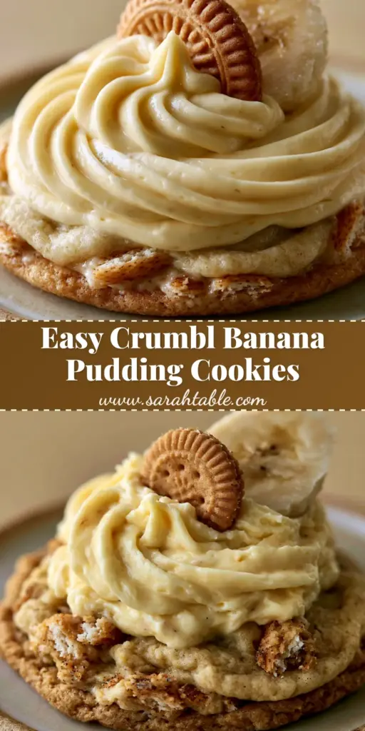 Banana Pudding Cookies: The Ultimate Thick & Chewy Gourmet Recipe 3 A thick gourmet banana pudding cookie with a pale-yellow cream cheese frosting swirl, a mini vanilla wafer, and a fresh banana slice on top. (banana pudding cookies)