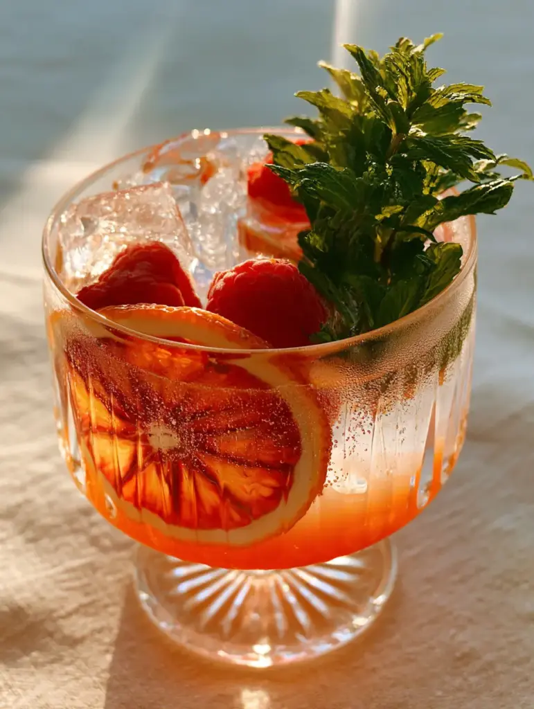 A gorgeous sunset-toned layered summer spritz featuring a dense cluster of fresh aromatic mint sprigs tucked into a vintage frosted coupe glass on a sun-drenched linen background.