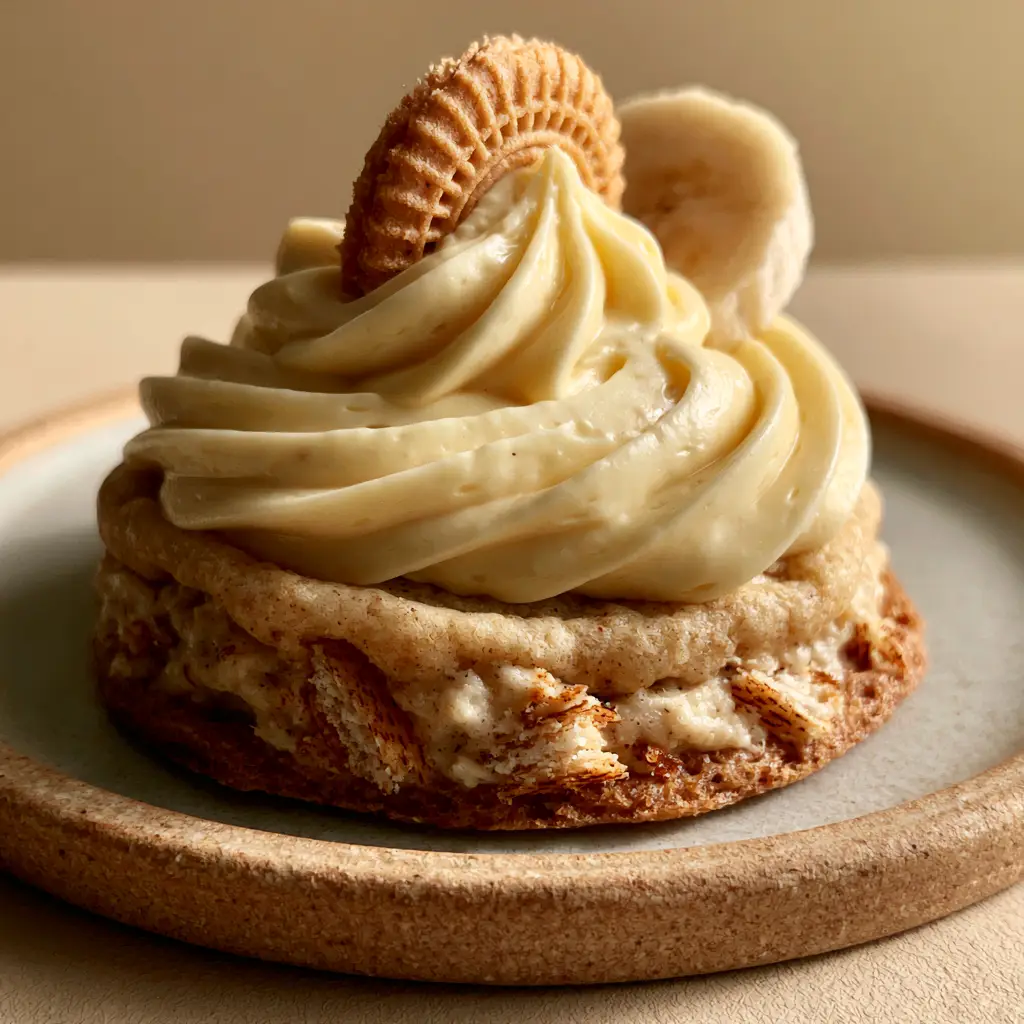 Close-up shot of the golden-brown base of banana pudding cookies with embedded vanilla wafers. (banana pudding cookies)