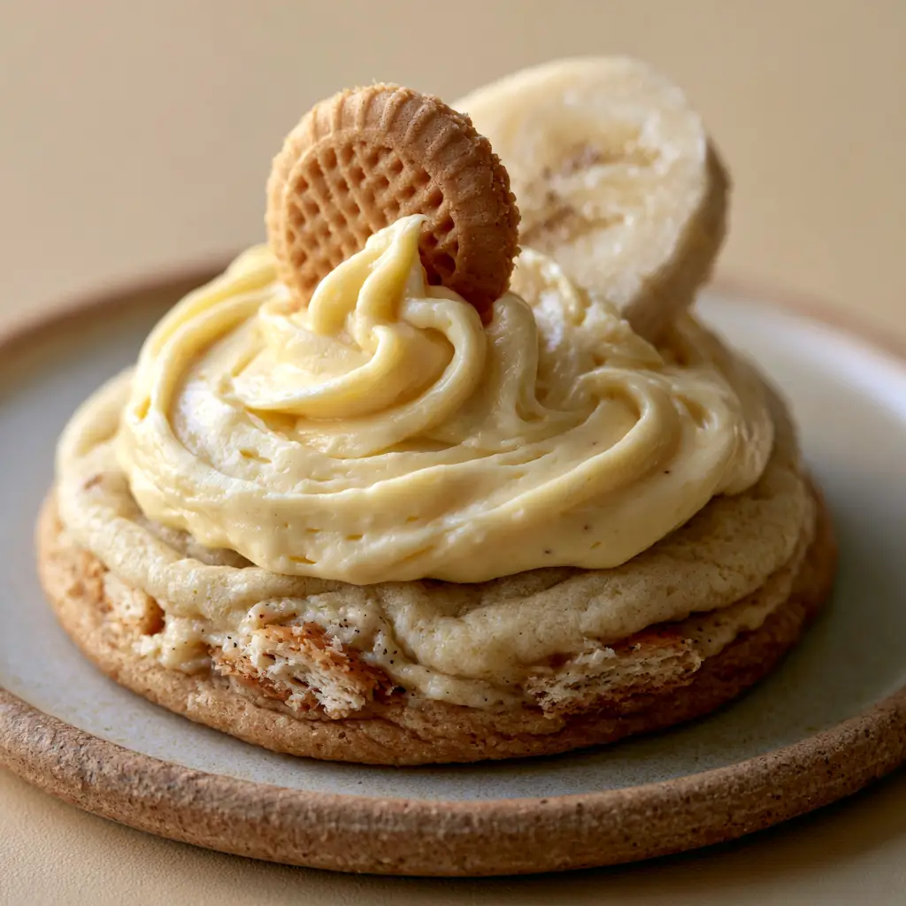 Banana Pudding Cookies: The Ultimate Thick & Chewy Gourmet Recipe 1 Top-down view of multiple banana pudding cookies with luxurious frosting swirls and wafer garnishes.