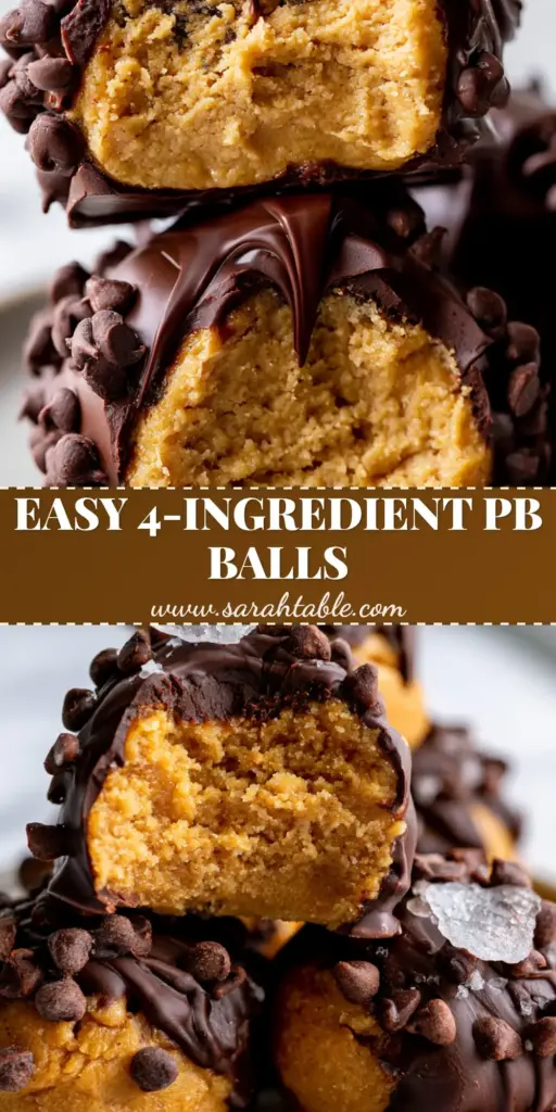 A tall stack of handmade peanut butter balls with one broken in half to show the matte interior, topped with sea salt and chocolate drizzle.