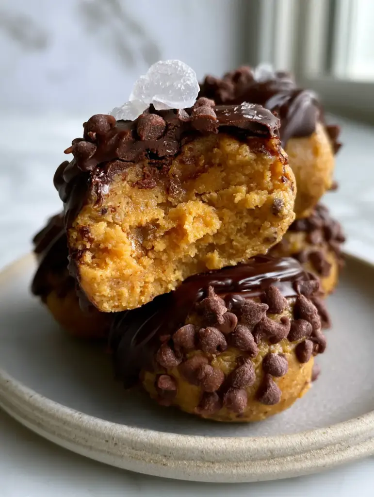 A pile of peanut butter balls on a light grey ceramic plate with natural side lighting from a window.