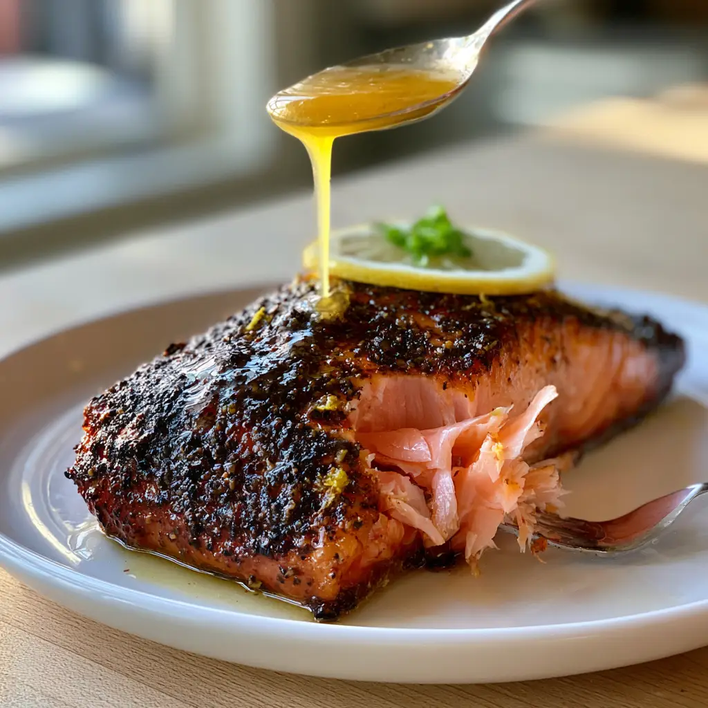 Texas Roadhouse Style Baked Salmon with Glistening Lemon Pepper Butter 1 A fork flaking open a Texas Roadhouse style baked salmon fillet to showcase the tender, moist pink interior flakes underneath a dark seasoned crust.