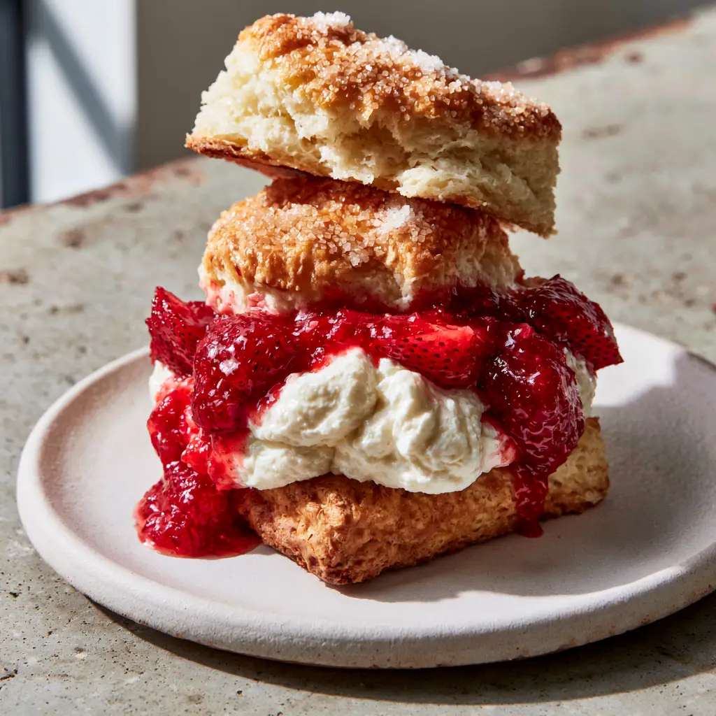 Close-up of a golden-brown flaky buttermilk biscuit split open with stiff vanilla cream. (strawberry shortcake recipe)
