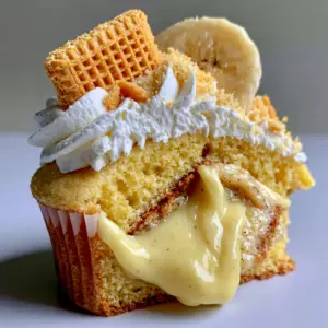 Close-up macro shot of a banana pudding cupcake with a fluffy swirl of white whipped cream and a fresh banana slice garnish.