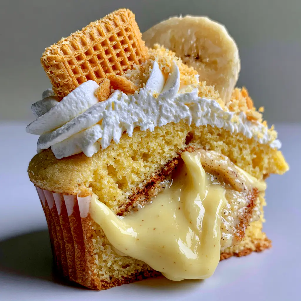 Close-up macro shot of a banana pudding cupcake with a fluffy swirl of white whipped cream and a fresh banana slice garnish.