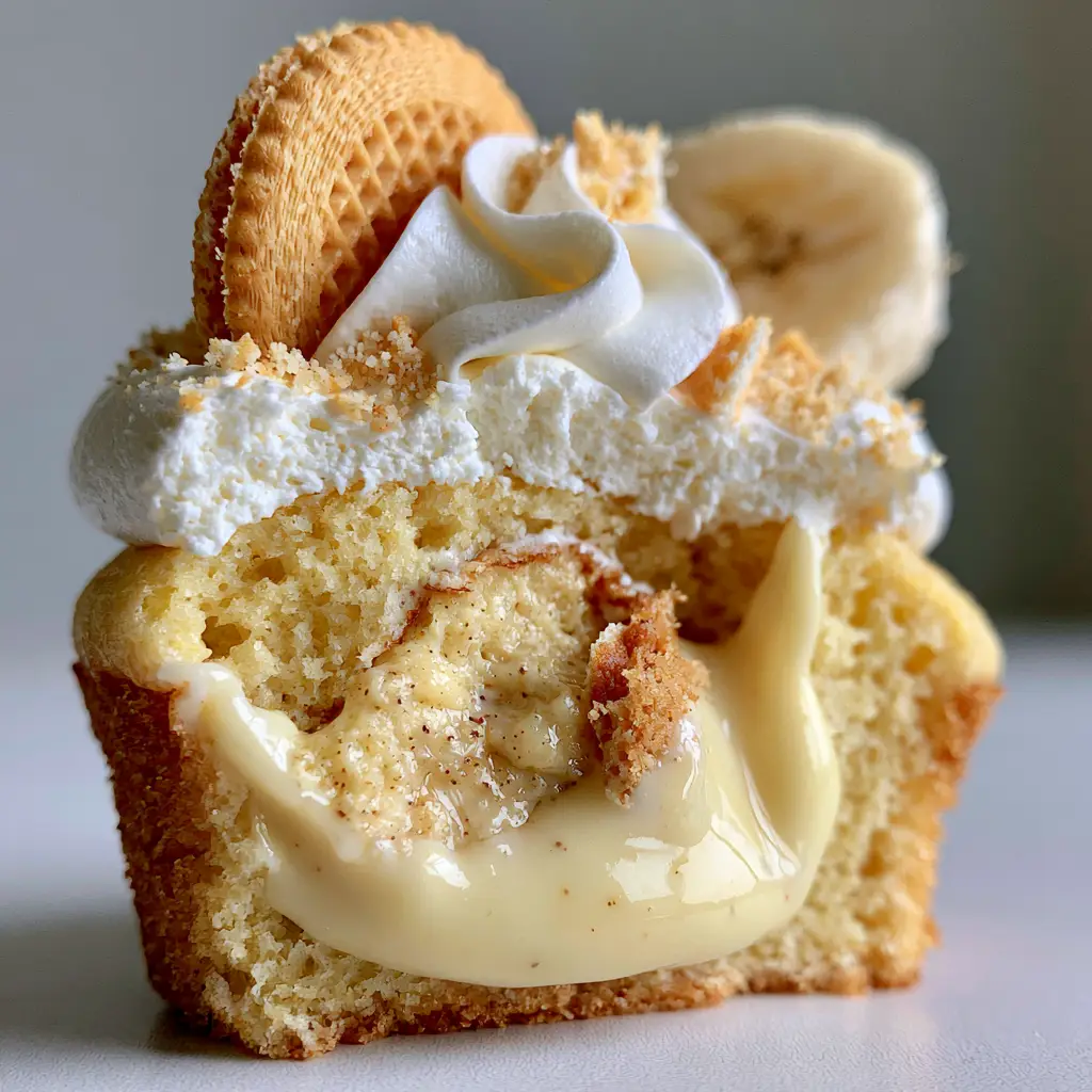 Handheld photo showing the moist golden-yellow vanilla cupcake base and the creamy banana pudding filling of a halved cupcake.