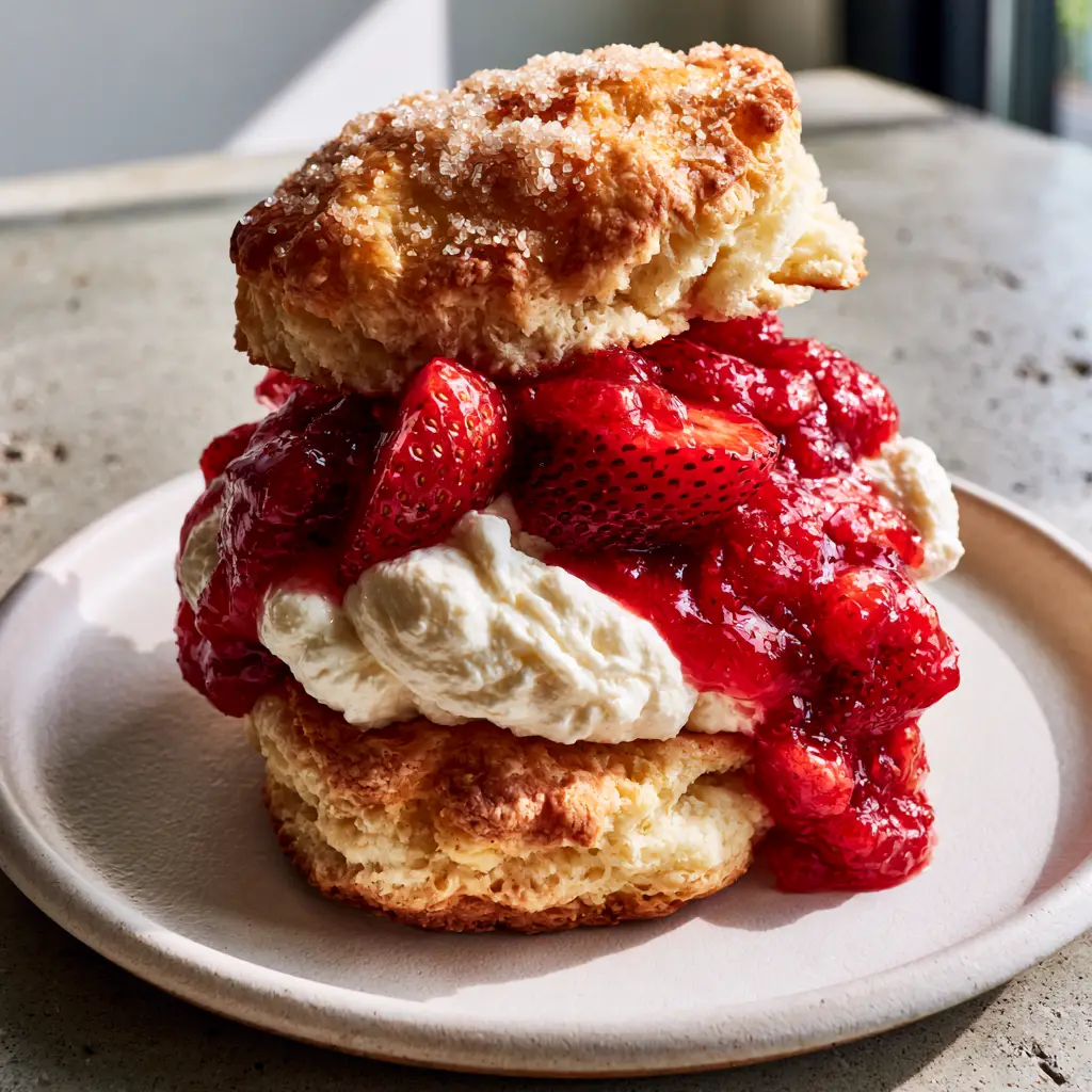 Glistening ruby-red macerated strawberries spilling over stiff vanilla cream on a white plate.