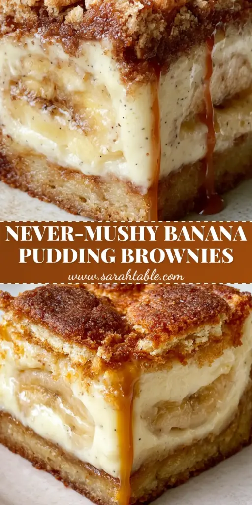 Banana Pudding Brownies with Chessmen Cookie Crust 3 A tall stack of Banana Pudding Brownies showing the blondie base, pudding, bananas, and Chessmen cookies.