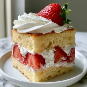 Macro side profile of Japanese Strawberry Shortcake with visible bubbles in the sponge and ruby-red strawberries. (Japanese Strawberry Shortcake)