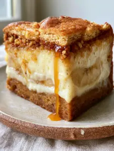 Close-up handheld photo of a Banana Pudding Brownie square on a rustic plate with amber caramel drizzle.