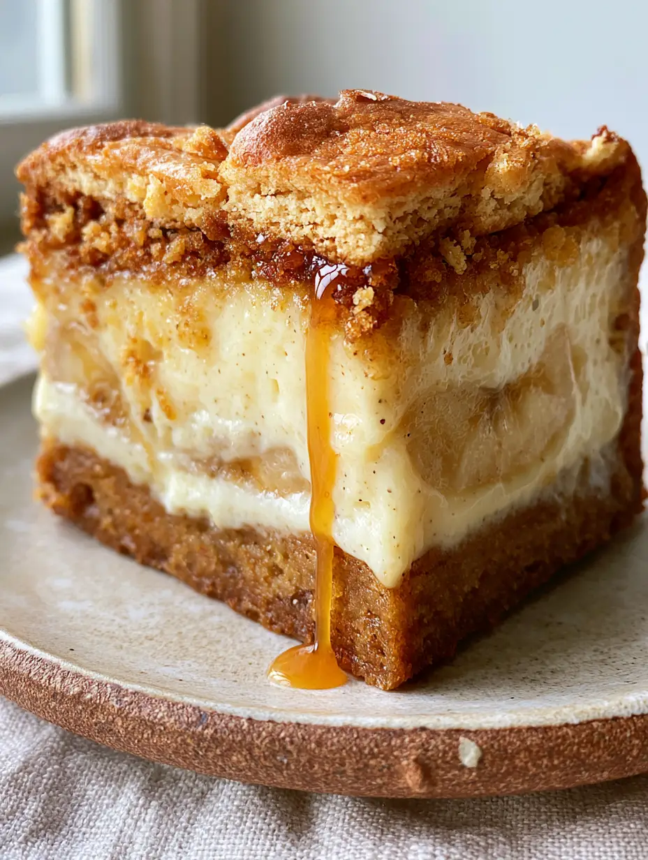 Banana Pudding Brownies with Chessmen Cookie Crust 4 Close-up handheld photo of a Banana Pudding Brownie square on a rustic plate with amber caramel drizzle.