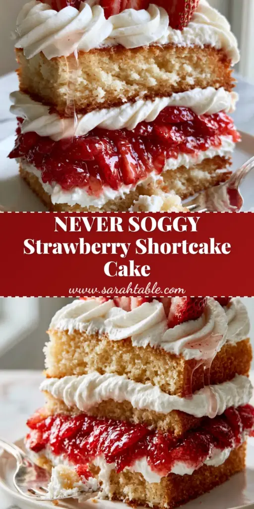 Strawberry Shortcake Cake Recipe: Tall, Layered, and Moist 4 A tall, three-layer strawberry shortcake cake with stabilized whipped cream and fresh strawberries with stems on a marble counter. (strawberry shortcake cake)