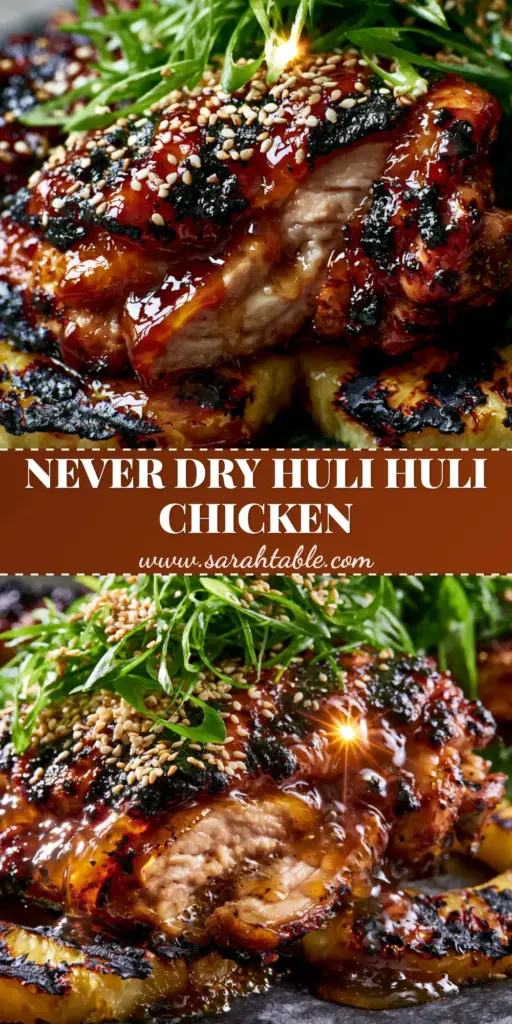 Extreme macro close-up of grilled Huli Huli Chicken thighs with a thick amber glaze, toasted sesame seeds, and charred pineapple rings on a dark plate.