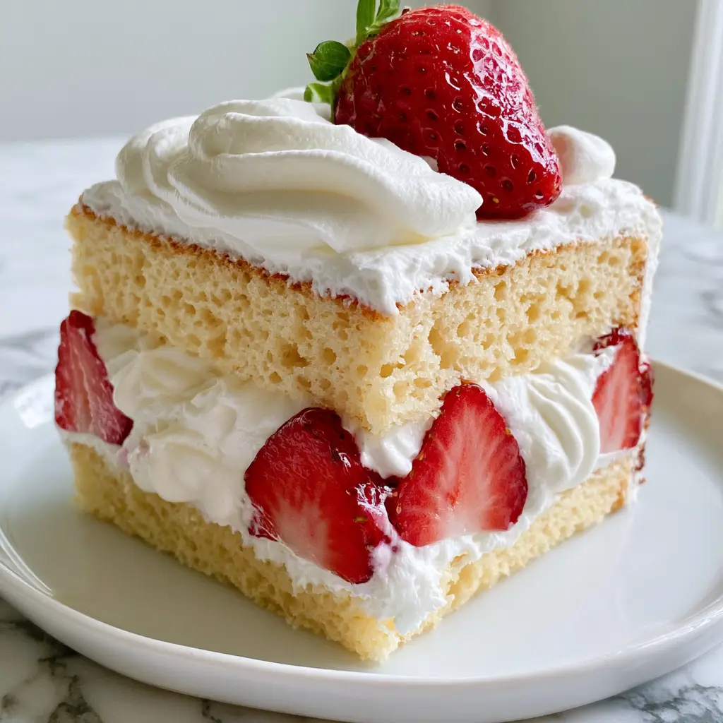 Japanese Strawberry Shortcake with Aerated Chiffon Sponge 1 Close up of the 1-inch thick stabilized whipped cream layer in a Japanese Strawberry Shortcake.