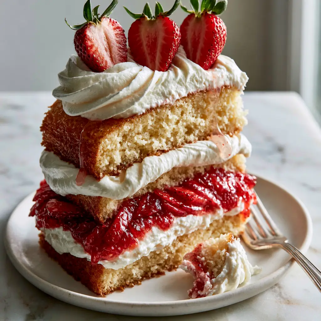 Close-up side profile of a strawberry shortcake cake slice showing golden sponge and thick cream ribbons. (strawberry shortcake cake)