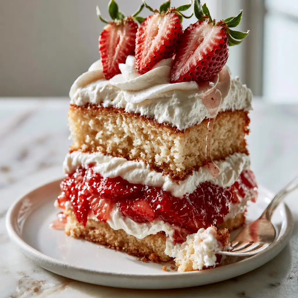 Strawberry Shortcake Cake Recipe: Tall, Layered, and Moist 1 A tall slice of strawberry shortcake cake with a silver fork taking a bite, revealing glistening macerated strawberries.