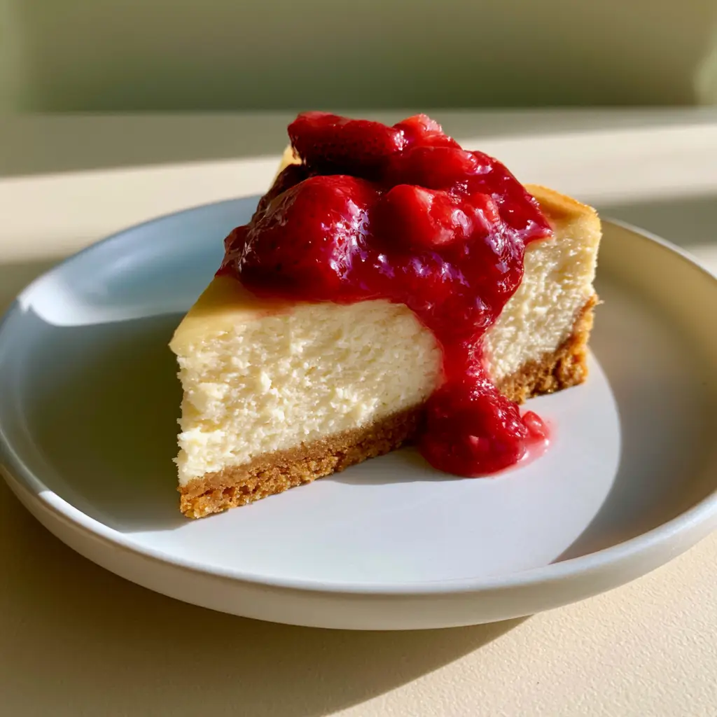 Close-up of a dense baked cream cheese filling and crisp graham cracker crust. (New York cheesecake recipe)