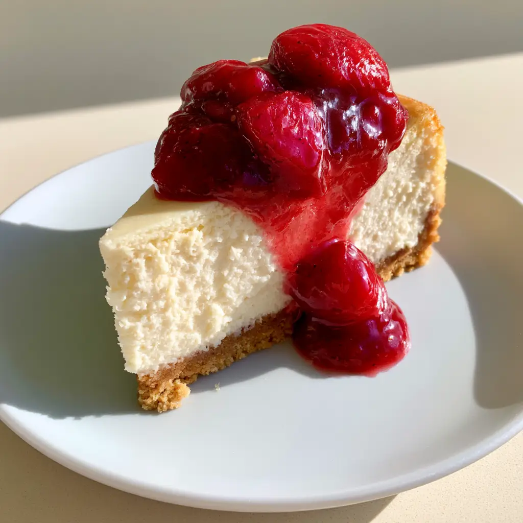 New York Cheesecake Recipe: The Ultimate Dense and Creamy Guide 1 A smartphone photo of a single slice of New York cheesecake showcasing the ruby-red strawberry glaze cascading down.