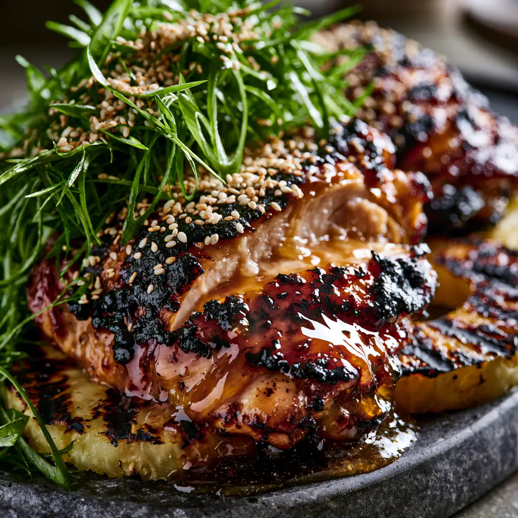 Grilled Huli Huli Chicken thighs with dark caramelized grill marks and charred pineapple rings on a neutral background.