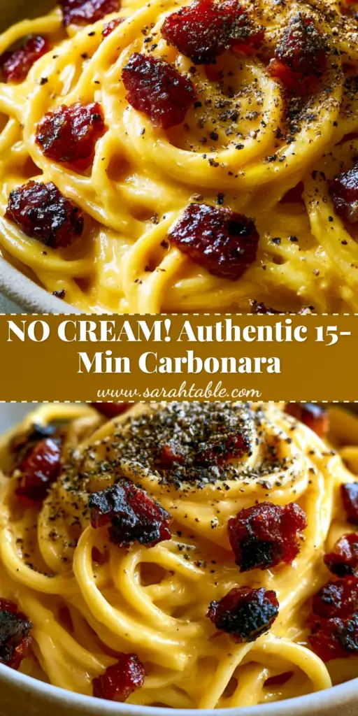 A close-up of authentic Italian recipes showing Spaghetti alla Carbonara with a glossy golden egg sauce and charred guanciale.