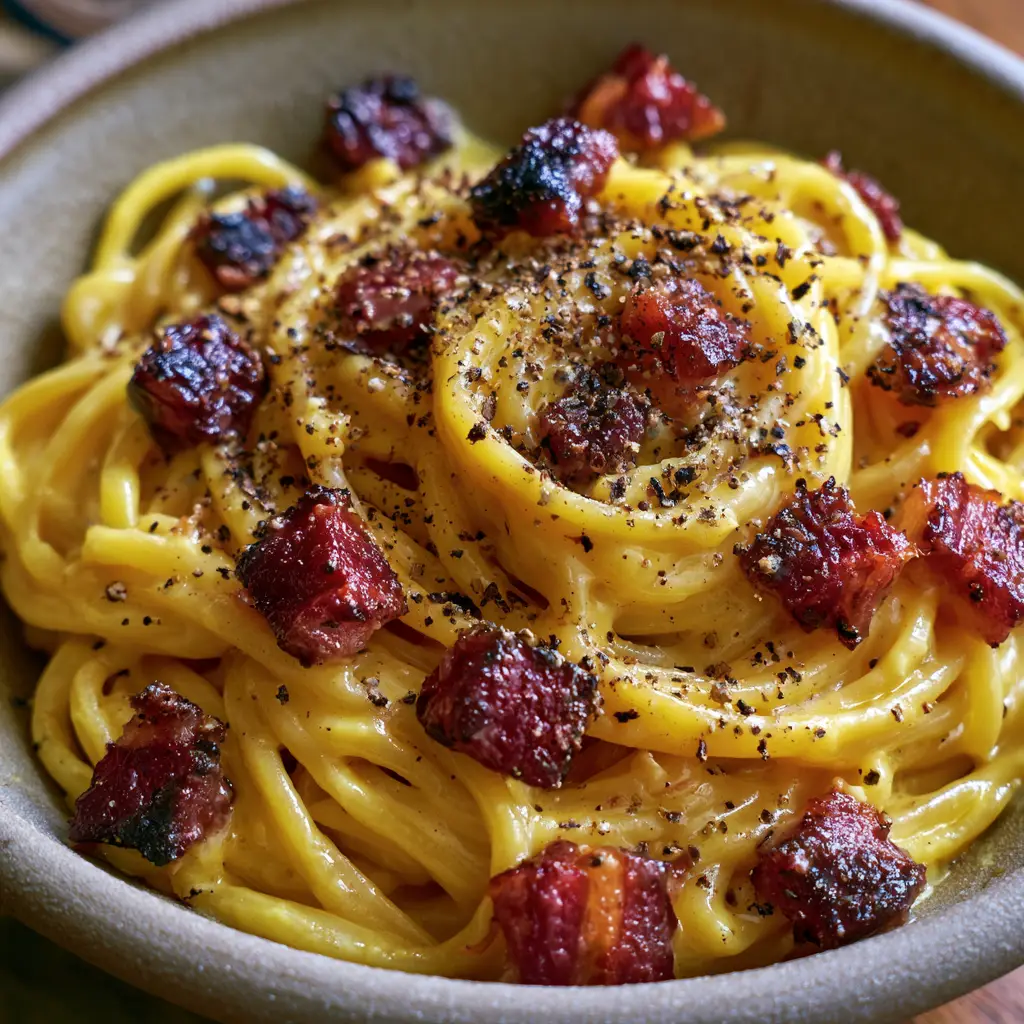 Close up of deep-red crispy charred cubes of guanciale scattered on spaghetti carbonara.