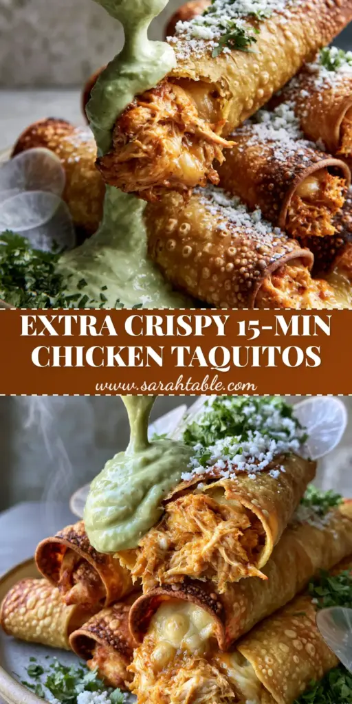 A stack of ultra-crunchy air fryer chicken taquitos topped with avocado crema, radish, and cotija cheese.