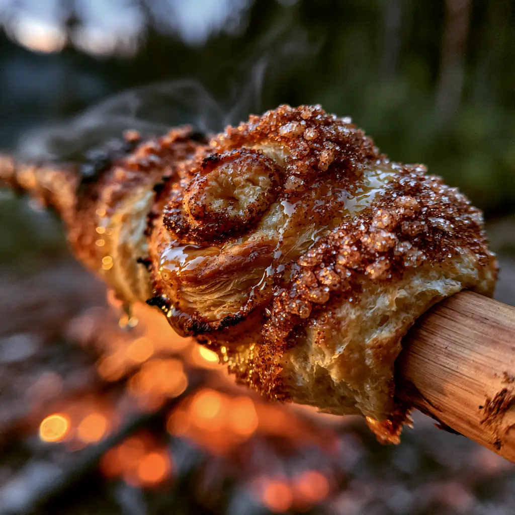 A thick, golden-brown roasted biscuit dough spiral on a stick, dripping with butter and coated in cinnamon sugar.
