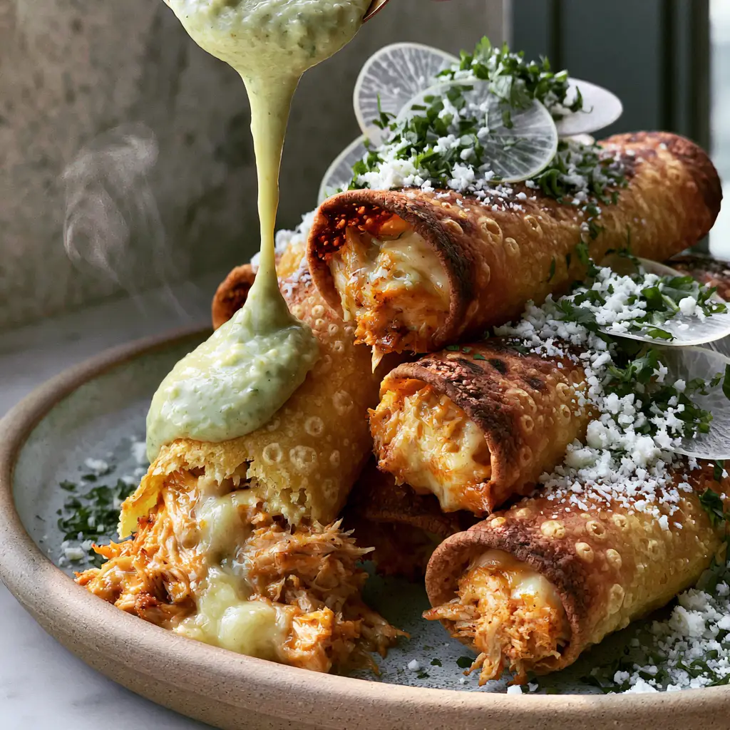 A broken chicken taquito revealing a dense filling of juicy shredded chicken and melted monterey jack cheese.