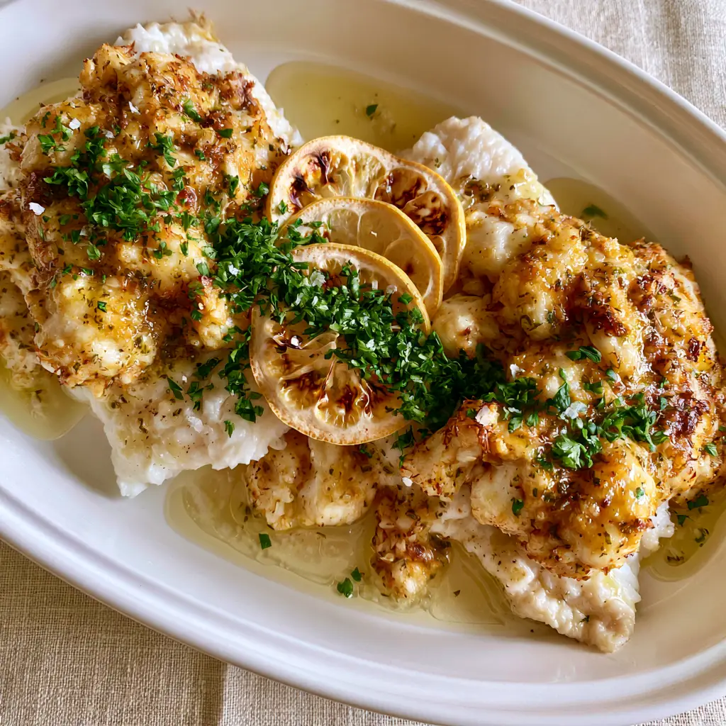 Close-up of two large flounder fillets topped with chunky mounds of jumbo lump crab meat and thin charred lemon slices.