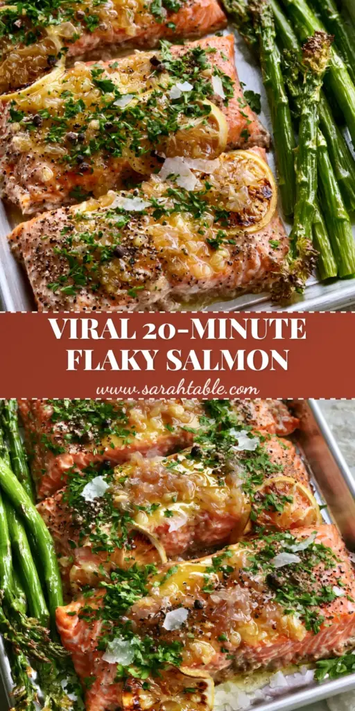 baked salmon with garlic butter and blistered asparagus 3 A top-down high-angle photo of a silver sheet pan with three flaky garlic butter baked salmon fillets, blistered asparagus, and charred lemon slices.