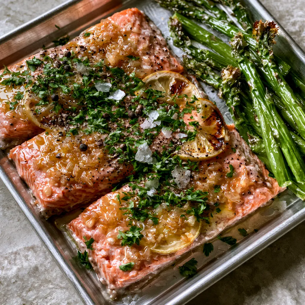 baked salmon with garlic butter and blistered asparagus 2 Thick center-cut Atlantic salmon fillets glistening with melted golden garlic butter and translucent minced garlic on a silver sheet pan.