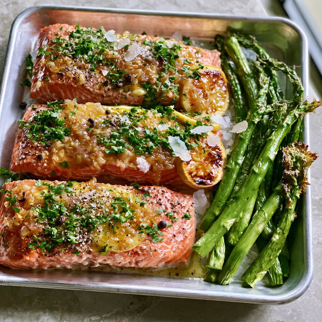 baked salmon with garlic butter and blistered asparagus 1 Crispy, blistered green asparagus tips resting alongside charred caramelized lemon wheels on a silver sheet pan foundation.