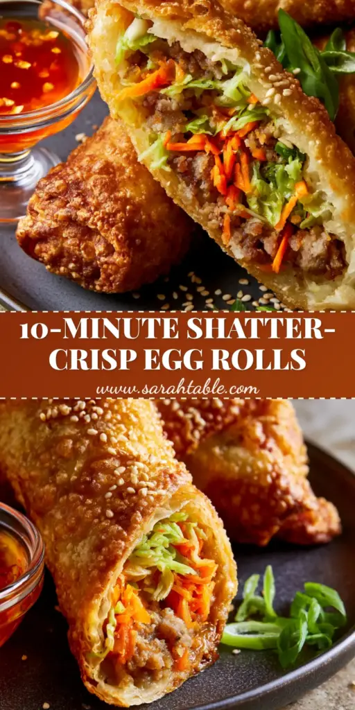 Egg Rolls with Crispy Blistered Wrappers and Savory Pork Filling 4 A close-up of air-fried egg rolls with a blistered golden-brown crust, sliced to show the cabbage and pork filling, served with red sweet chili sauce. (Egg rolls)
