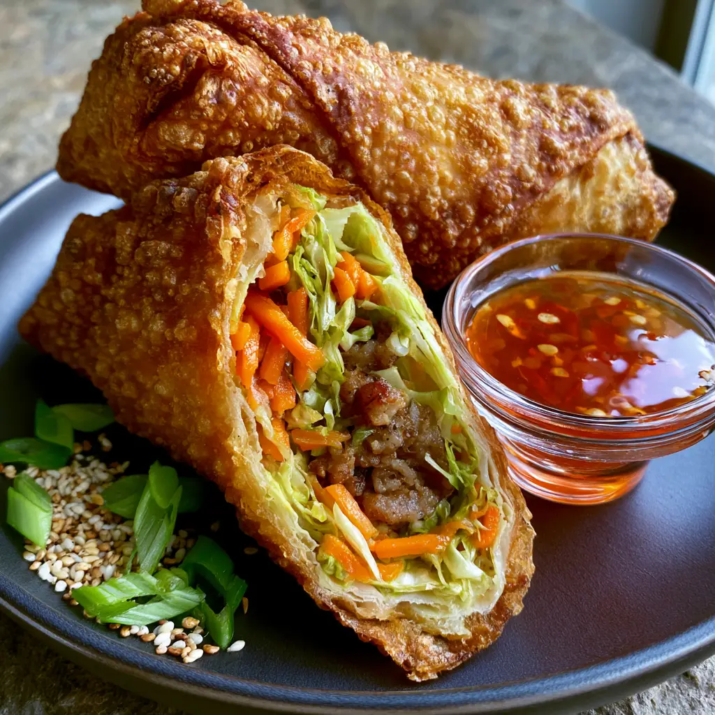 Egg Rolls with Crispy Blistered Wrappers and Savory Pork Filling 2 Extreme macro shot of golden-brown air-fried egg rolls on a dark plate, showing textured micro-blisters on the crust. (Egg rolls)