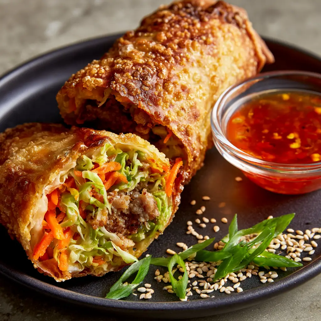 Egg Rolls with Crispy Blistered Wrappers and Savory Pork Filling 1 A diagonal cross-section of an egg roll revealing steaming cabbage, carrots, and pork, garnished with sesame seeds and scallions.