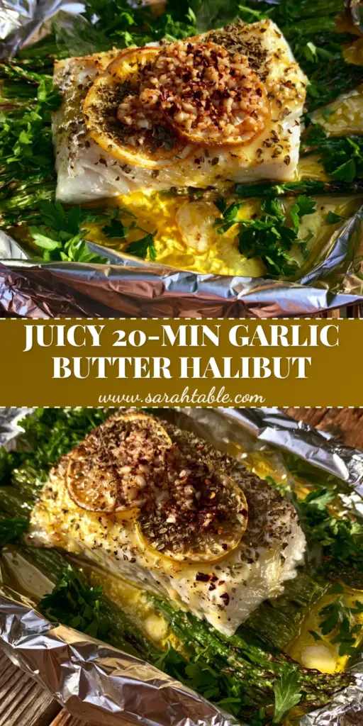 grilled halibut foil packs With Garlic Butter and Asparagus 3 A top-down photo of grilled halibut foil packs featuring a flaky white fish fillet with garlic butter, charred asparagus, and lemon rounds on a wooden table.