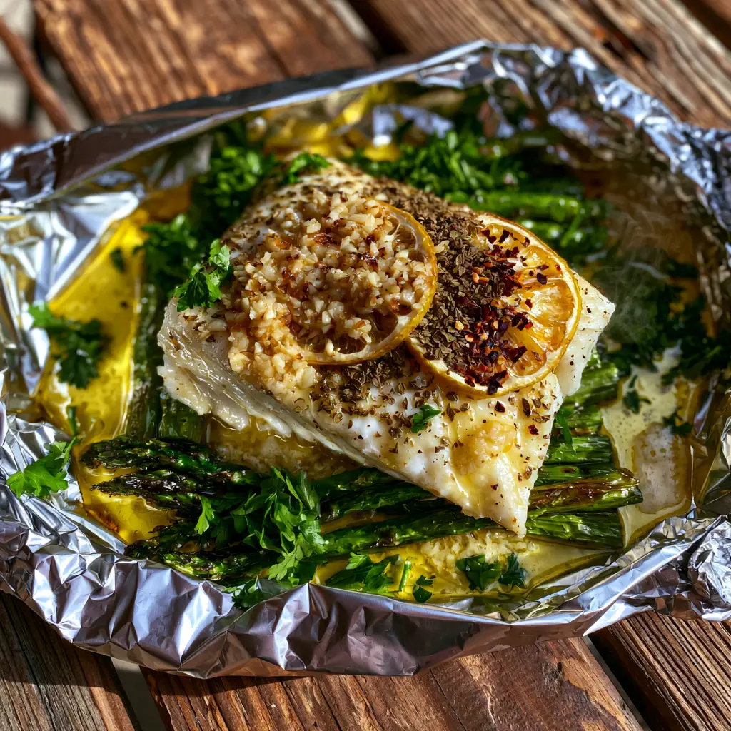 grilled halibut foil packs With Garlic Butter and Asparagus 2 Juicy grilled halibut foil packs with melted garlic butter and caramelized lemons. (grilled halibut foil packs)