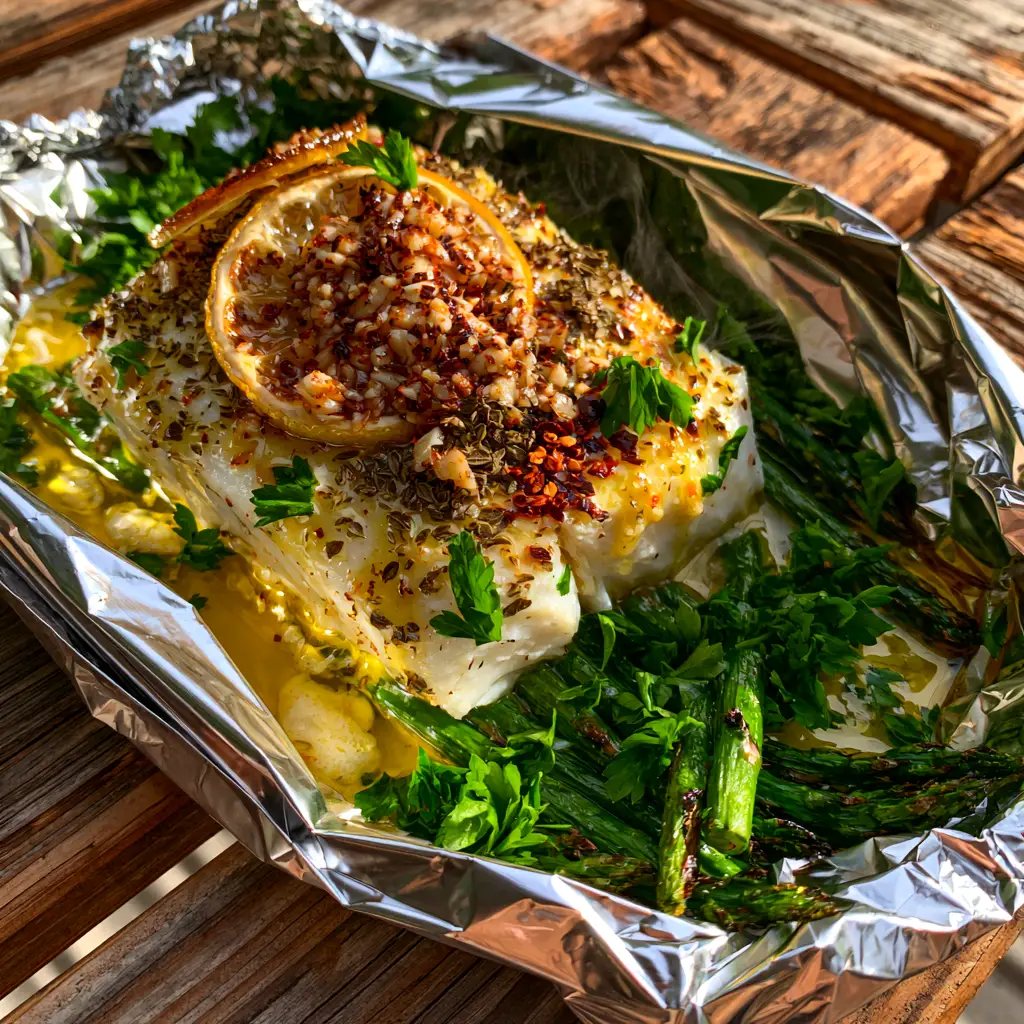 grilled halibut foil packs With Garlic Butter and Asparagus 1 Handheld photo of open aluminum foil packets containing grilled halibut, asparagus, and roasted garlic.