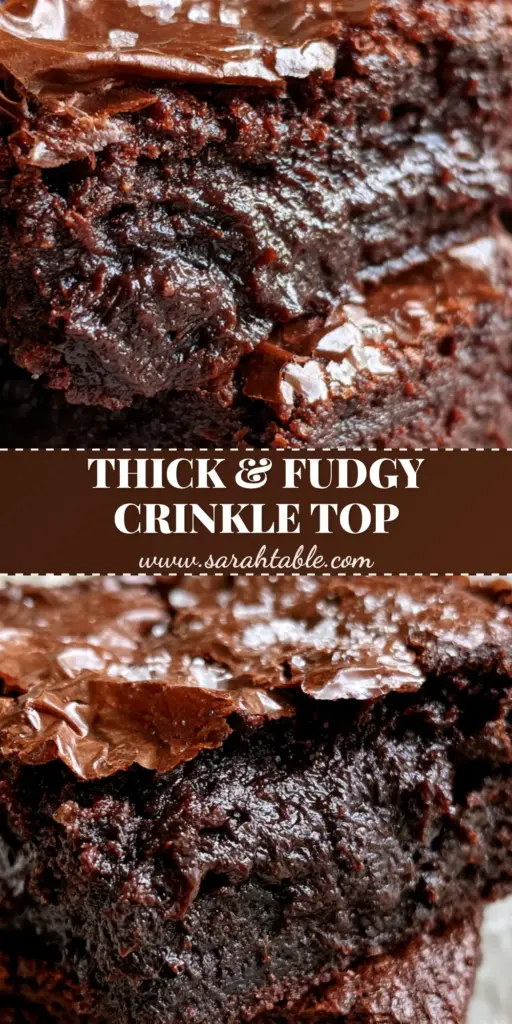 A thick Cocoa Fudge Brownie with a shattered shiny crinkle crust and gooey center being lifted from a stack on white parchment paper.