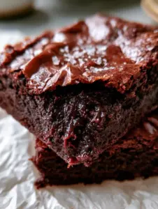 Macro close-up of Cocoa Fudge Brownies showing the paper-thin shiny crinkle crust and deep mahogany fudgy center.