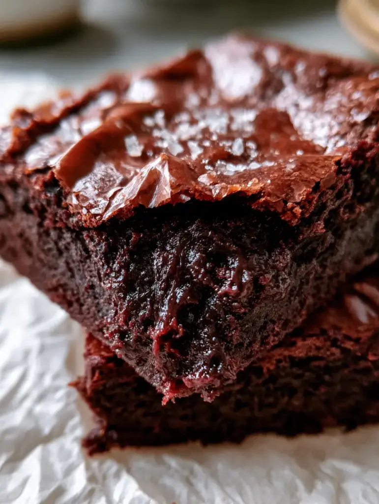Macro close-up of Cocoa Fudge Brownies showing the paper-thin shiny crinkle crust and deep mahogany fudgy center.