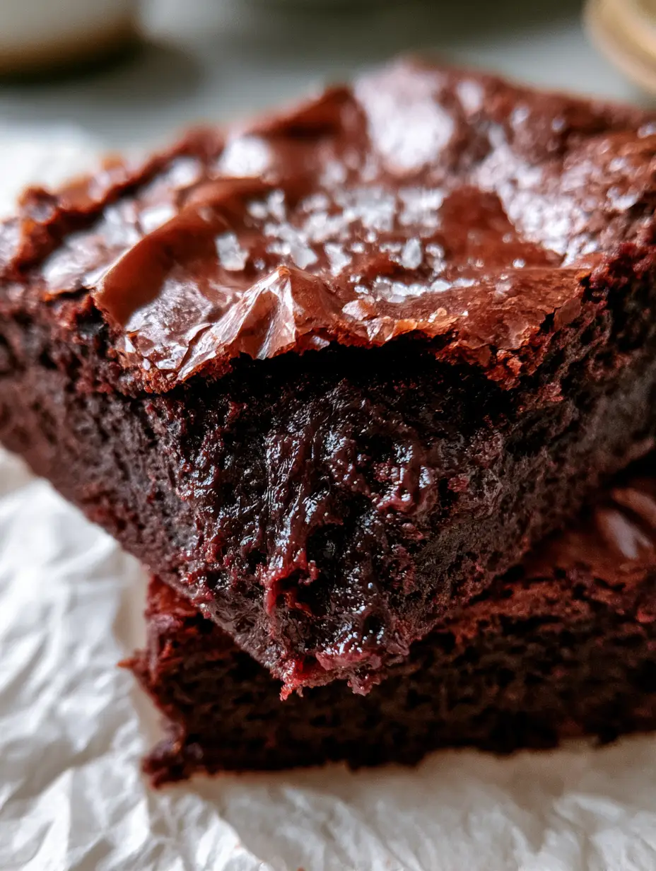 Macro close-up of Cocoa Fudge Brownies showing the paper-thin shiny crinkle crust and deep mahogany fudgy center.