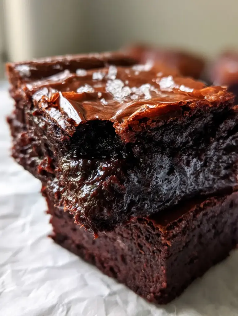 Extreme close-up of a thick square Cocoa Fudge Brownie with microscopic sea salt flakes on a shattered dark chocolate crust.