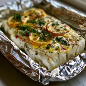 Close-up handheld smartphone photo of a pristine white grilled halibut fillet sitting in a silver foil wrap with melted golden butter, thin charred lemon wheels, and red chili flakes.