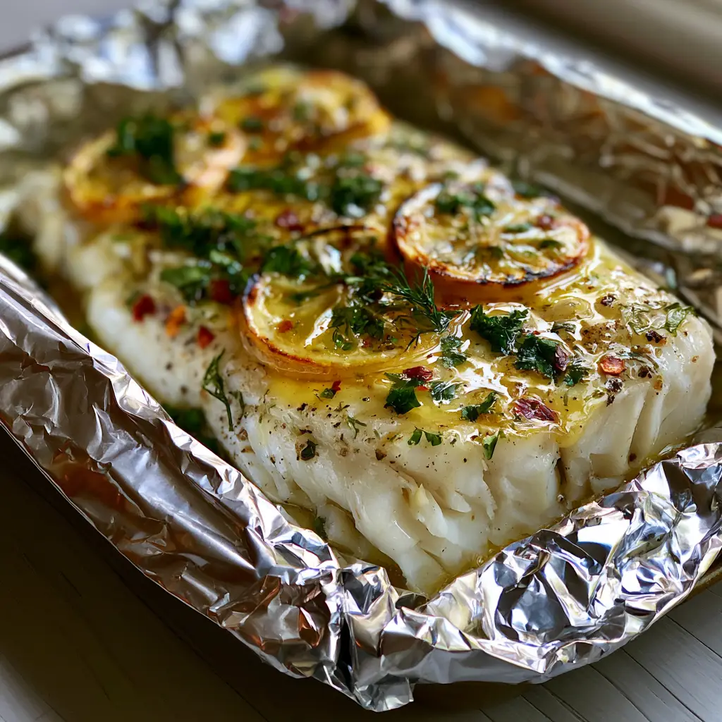 Grilled Halibut in Foil Packets with Garlic Herb Butter 2 Close-up handheld smartphone photo of a pristine white grilled halibut fillet sitting in a silver foil wrap with melted golden butter, thin charred lemon wheels, and red chili flakes.
